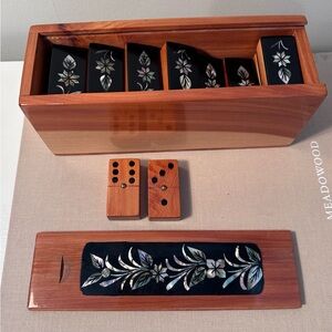 Wooden Domino Set with Mother-of-Pearl Inlay - Black & Natural